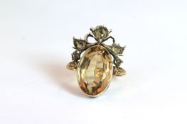 Georgian dress ring, later over sized smokey quartz 18.5x12.5mm, mounted with an old paste stone set