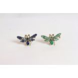 Pair of vintage Sapphire and Emerald fly brooches, each set with diamond eyes, 26x14mm each, with