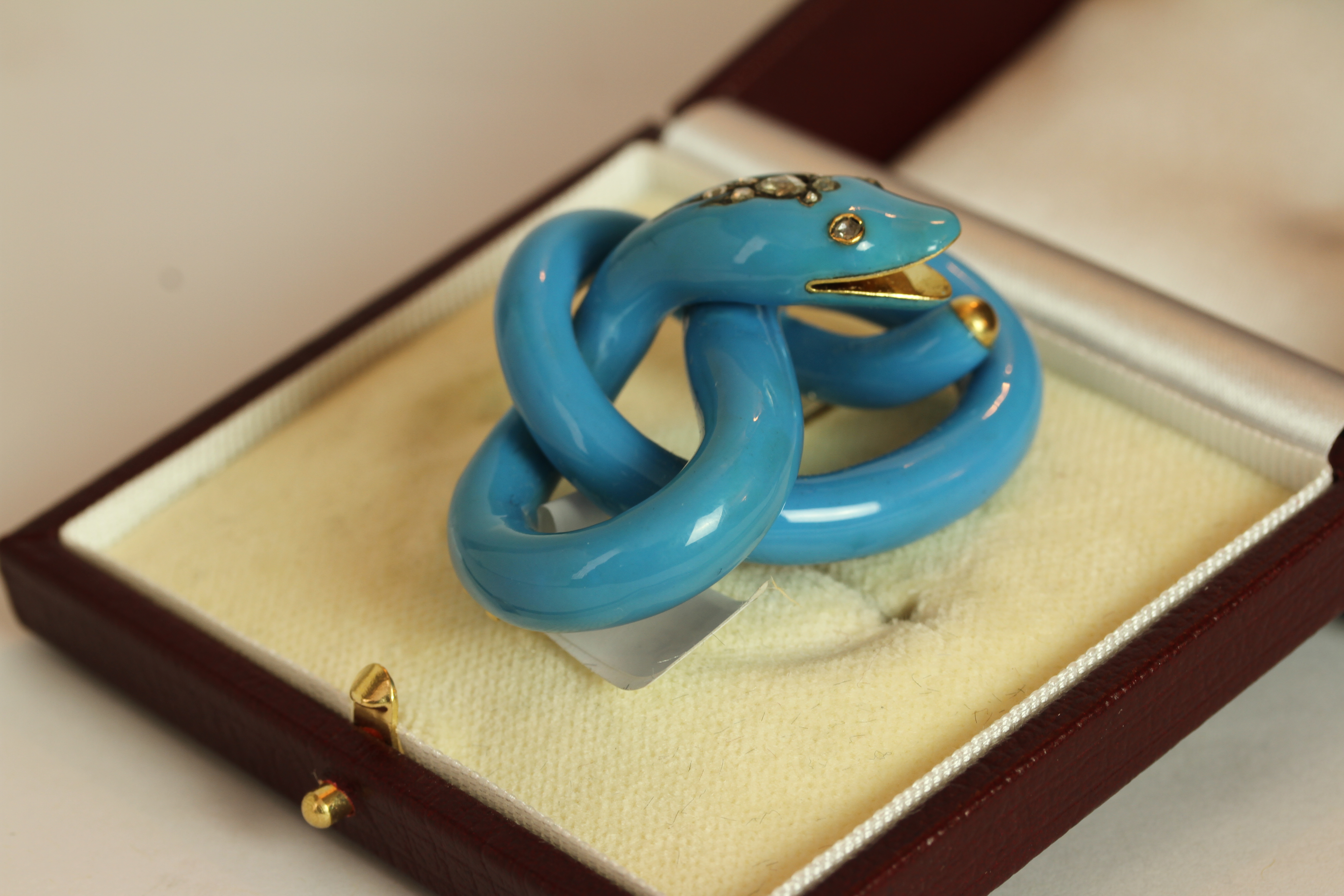 Victorian Turquoise snake brooch, carved turquoise set with diamond eyes and head, approximate width - Image 3 of 3