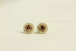 14K FANCY BROWN COGNAC AND WHITE DIAMOND CLUSTER EARRINGS,fancy diamond weight estimated 1.10ct