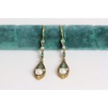 Pair of Diamond, Emerald & Pearl drop earrings, each set with one pearl, 5 diamonds and 5