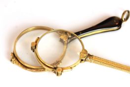 Pair of Antique Lorgnettes , one gold plated pair with a faux tortoise shell handle, the other