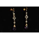 Early Amethyst and Diamond set earrings, briolette cut Amethysts suspended from si rose cut diamonds