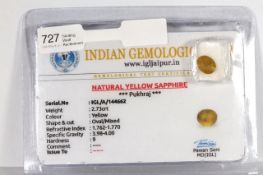 An Oval Cut Loose Natural Yellow Sapphire, 2.73ct, comes with a Gemological Test Certificate.