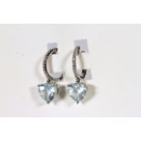 Pair of Aquamarine and Diamond earrings, 2 heart cut light blue aquamarines