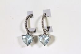 Pair of Aquamarine and Diamond earrings, 2 heart cut light blue aquamarines