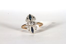 Art Deco Diamond and Sapphire Panel Ring, central transitional cut diamond estimated weight 0.