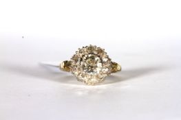 Fine Victorian Old Cut Diamond Ring, central old cushion a cluster of a further 10 old cut diamonds,