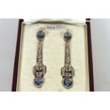 Art Deco Ceylon Sapphire and Diamond drop earrings, a pair of oval cut sapphires to each earring,