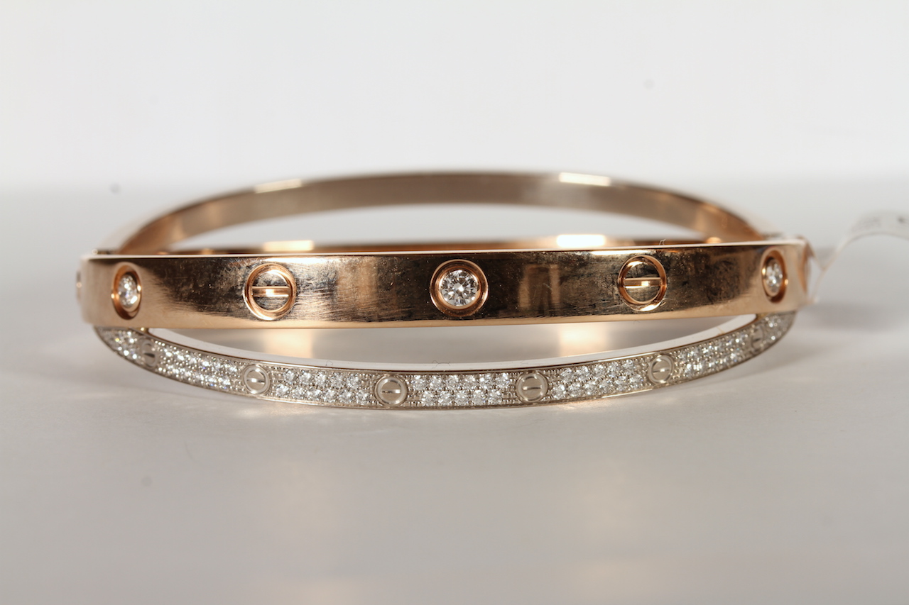 18CT WHITE AND YELLOW GOLD CARTIER LOVE BANGLE , yellow band set with 6 brilliant cut diamonds,