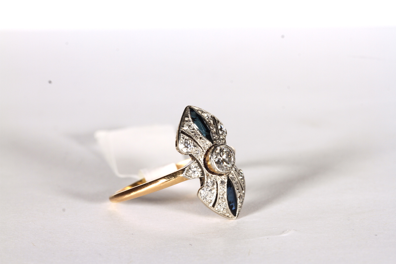 Art Deco Diamond and Sapphire Panel Ring, central transitional cut diamond estimated weight 0. - Image 2 of 3