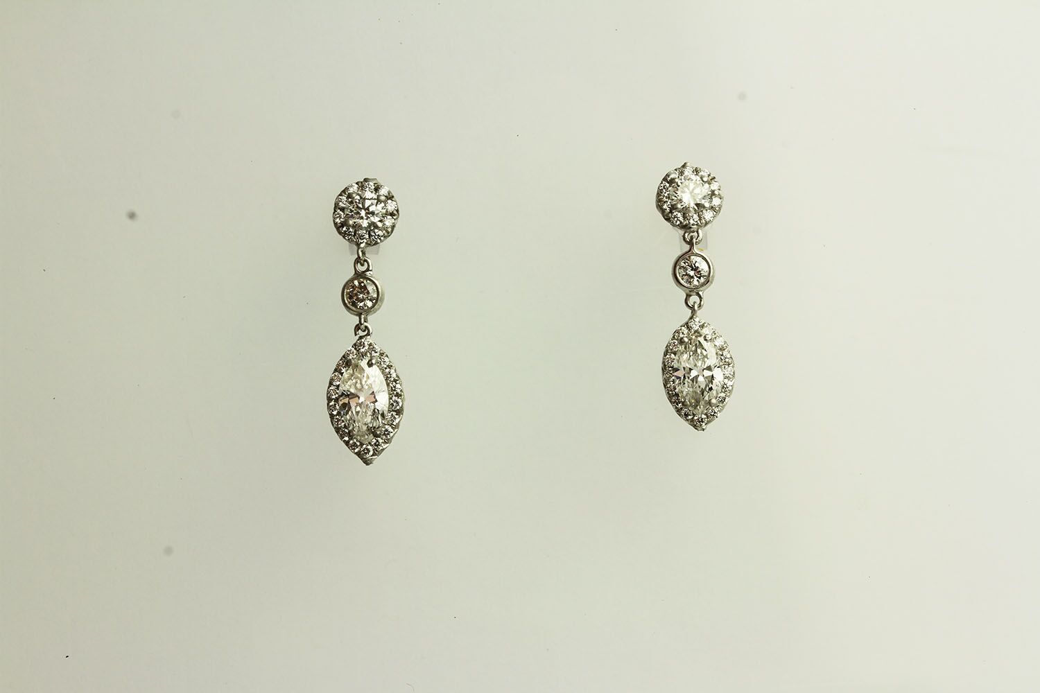 Marquise Diamond Cluster Drop Earrings, Marquise cut diamond with a brilliant cut diamond border,