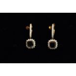 Pair of Black and White Diamond earrings, set with 2 modified square cut black diamonds