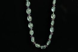 9CT BLUE TOPAZ AND AMETHYST NECKLACE , 9ct tube clasp, length, length estimated as 66 cms