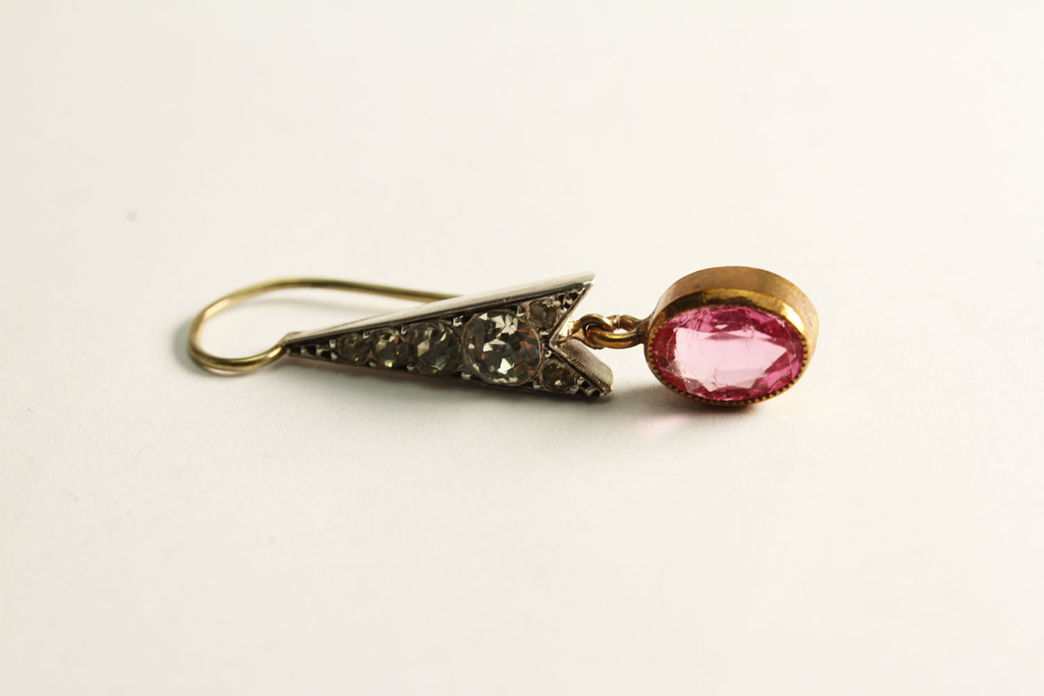 Vintage Pink paste Drop Earrings, oval cut pink paste, suspended from triangular drops, stone set, - Image 2 of 2