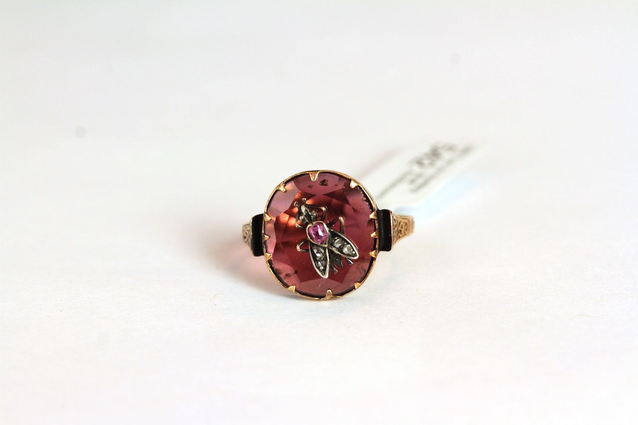 Victorian bug signet ring, small diamond fly set with rose cut diamond wings, set upon a faceted