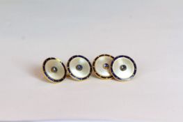 Vintage cabochon sapphire, mother of pearl and enamel cufflinks, 14.5mm disks, mounted in yellow