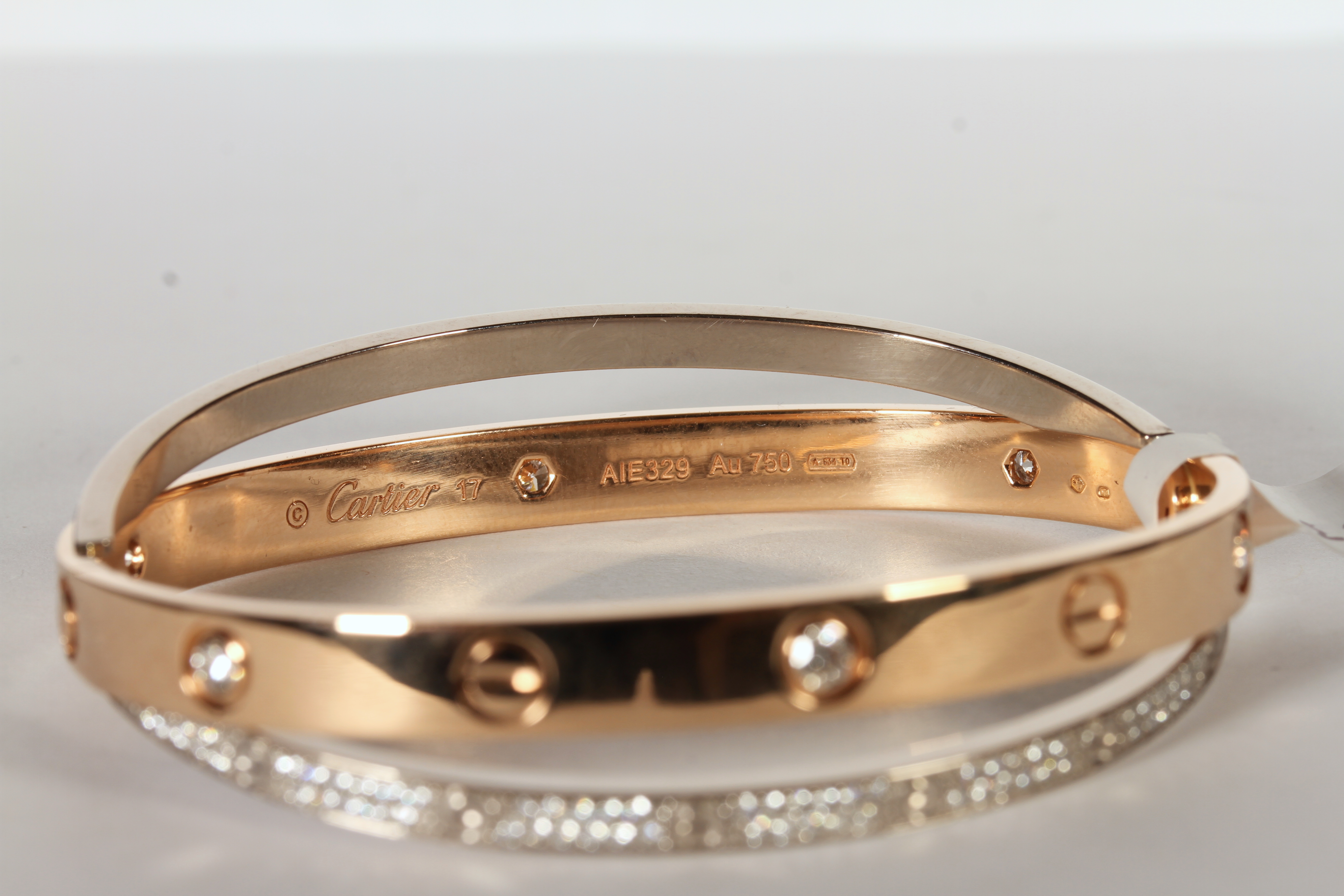 18CT WHITE AND YELLOW GOLD CARTIER LOVE BANGLE , yellow band set with 6 brilliant cut diamonds, - Image 4 of 5