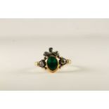 Georgian Emerald and diamond dress ring, central oval cut later Emerald, closed back setting,