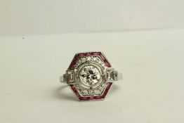 Ruby and Diamond Art Deco Style Ring, centre diamond