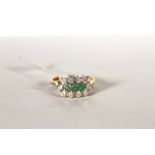 18CT EMERALD AND DIAMOND THREE ROW DRESS RING,emeralds estimated as 0.15ct total, diamonds estimated