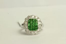 Tsavorite Rare Green Garnet and Diamond Checkerboard Style Ring, set with garnets totalling