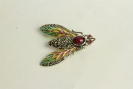 Fly Brooch Pendant, set with a cabochon ruby, ruby eyes and marcasites