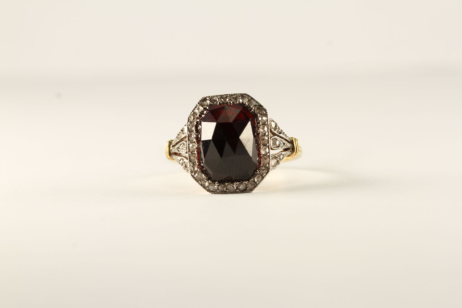 Fancy Garnet and Rose cut Diamond Ring, large faceted rectangular rose cut garnet to centre, 11x8.