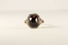 Fancy Garnet and Rose cut Diamond Ring, large faceted rectangular rose cut garnet to centre, 11x8.