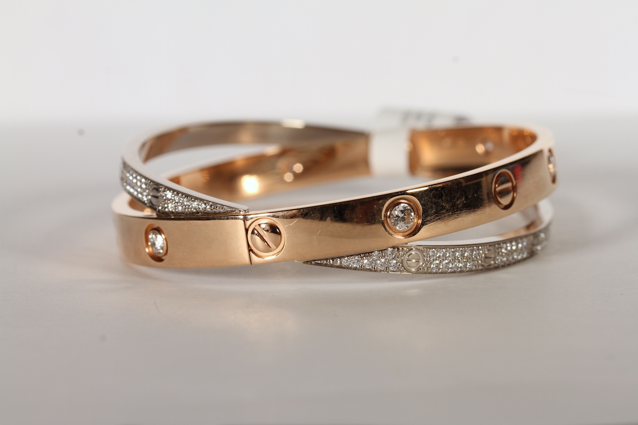 18CT WHITE AND YELLOW GOLD CARTIER LOVE BANGLE , yellow band set with 6 brilliant cut diamonds, - Image 2 of 5