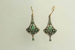 Pair of Emerald and Diamond Flared Drop Earrings