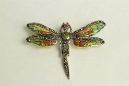 Dragonfly Brooch Pendant, set with peridot, rubies and marcasites,