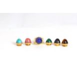 Vintage French Interchangeable gem set ring, Deco style mount with six cabochon cut gemstones with