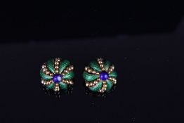 Pair of enamel button clip on earrings, blue enamel set to the centre of each, 6 green enamel panels