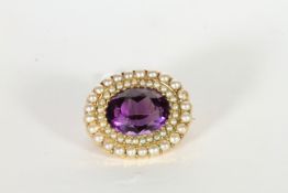 Victorian Amethyst and Pearl brooch, 12.5x10mm Amethyst, with a double brown border of send