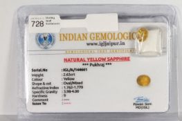 An Oval Cut Loose Natural Yellow Sapphire, 2.63ct, comes with a Gemological Test Certificate.