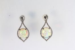 PLATINUM OPAL AND DIAMOND DROP EARRINGS,opals estimated as 6.50ct total, diamonds estimated as 0.