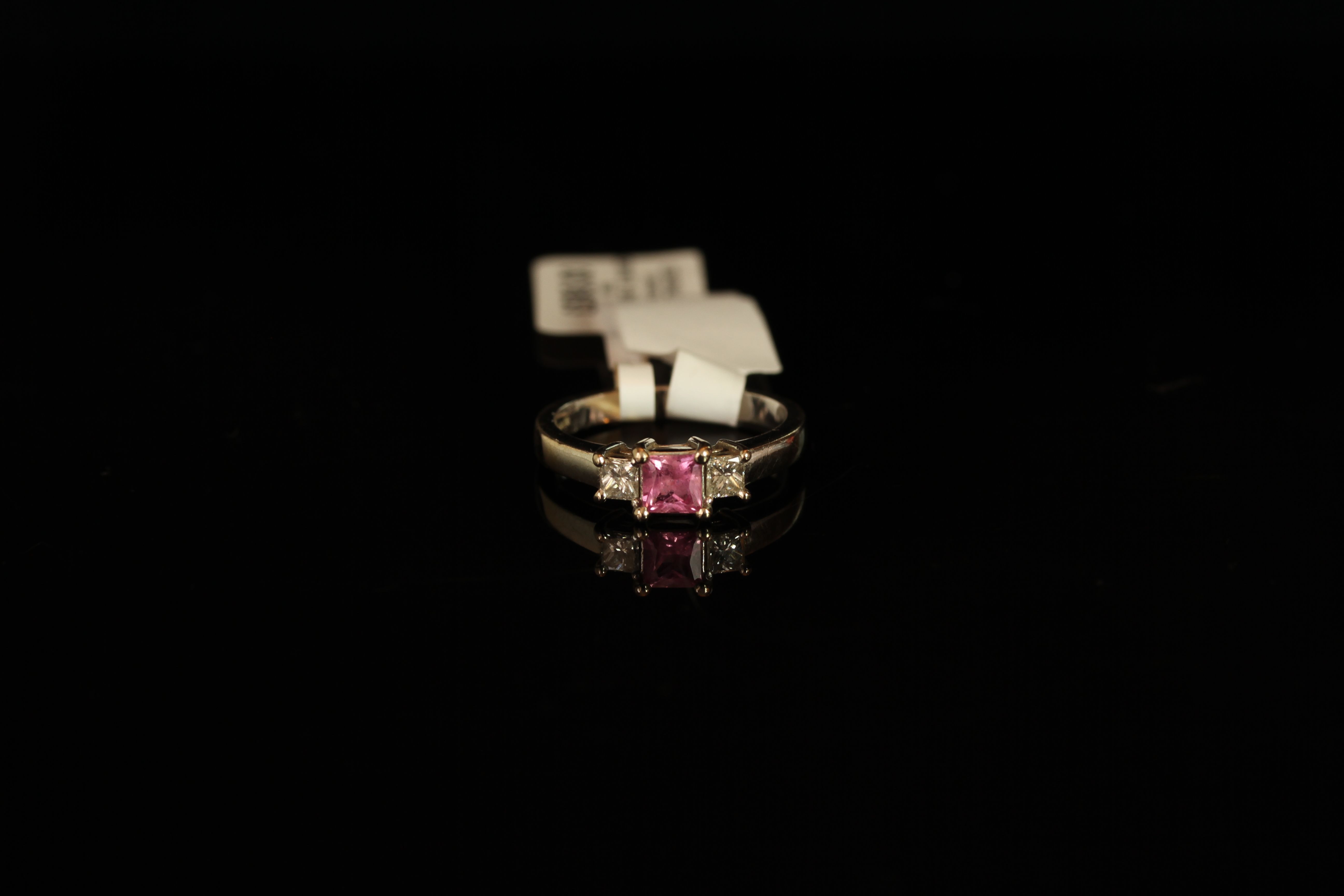 18K PINK SAPPHIRE AND DIAMOND THREE STONE RING,centre stone estimated as 4.1 x 4.1mm,diamonds