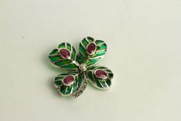 Four Leaf Clover Brooch, set with 4 rubies, a pearl and marcasites