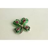 Four Leaf Clover Brooch, set with 4 rubies, a pearl and marcasites