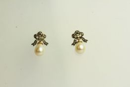 Pair of Pearl and Diamond Bow Top Earrings