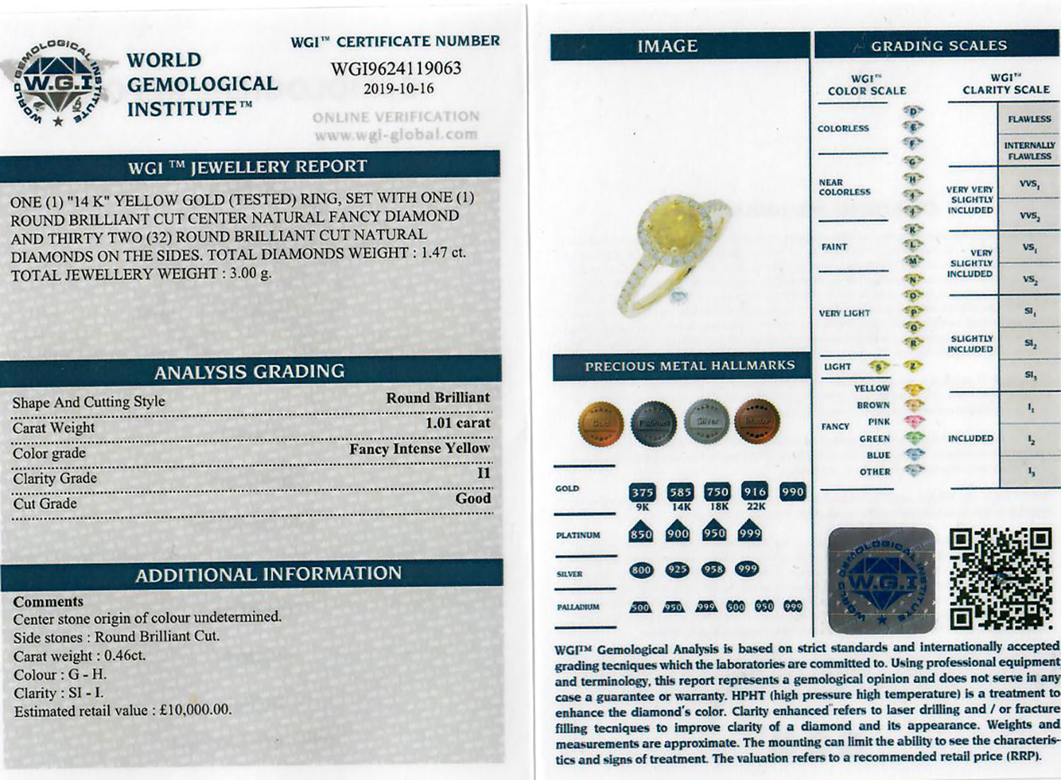 Yellow and White Diamond ring, set with 1 round brilliant cut natural yellow diamond approximately - Image 2 of 2