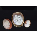 Group of 3 Cameos, 1 cameo set brooch with 3 cherubs, width 55mm, length 69mm, 1 loose cameo,