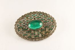 Art Deco silver paste brooch, central cabochon green stone, white and green paste set detail, in