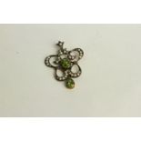 Peridot, Diamond and Seed Pearl Pendant, ornate scroll design