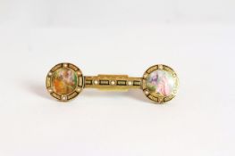 Enamel Victorian double portrait brooch, two portraits of lovers each with a border of pearls and