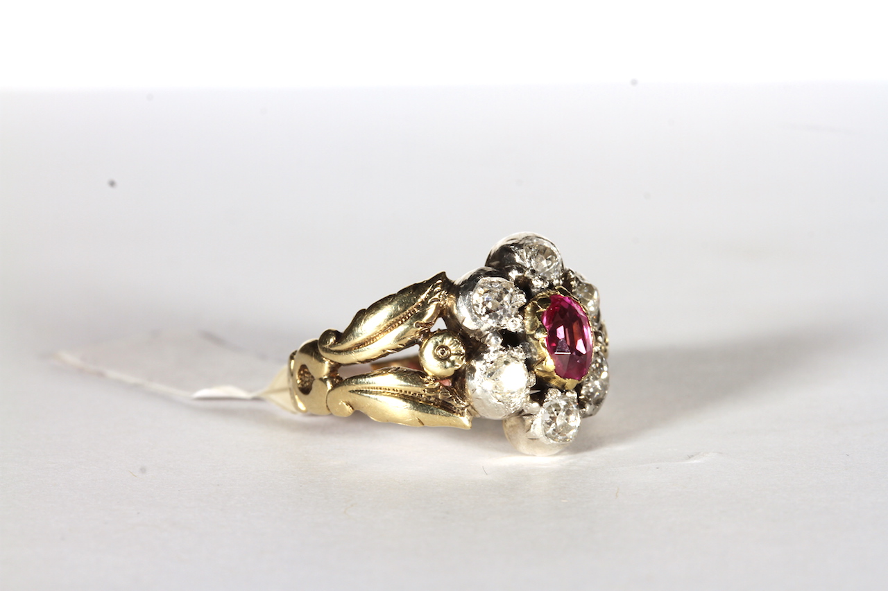 Georgian Ruby and Diamond Cluster ring, central oval cut ruby, surrounded by six old cut diamonds, - Image 2 of 3