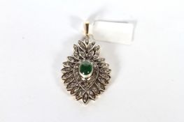 Emerald and Diamond Pendant, central cabochon emerald set within a pear drop shaped diamond set