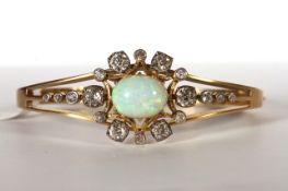 Victorian Opal and Old Cut Diamond Bangle, large central cabochon cut Opal, 13.5x10.5mm, claw set