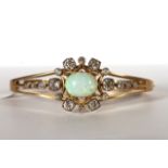 Victorian Opal and Old Cut Diamond Bangle, large central cabochon cut Opal, 13.5x10.5mm, claw set